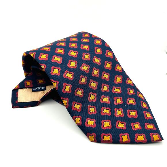 Vintage 90s Paul Stuart Navy Coral Yellow Geometric Silk Necktie - Picture 1 of 7